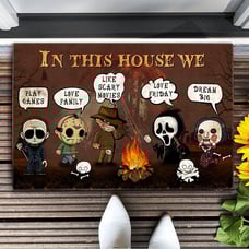 In this house we like scary movies Halloween Door Mat Horror Movie Halloween Doo