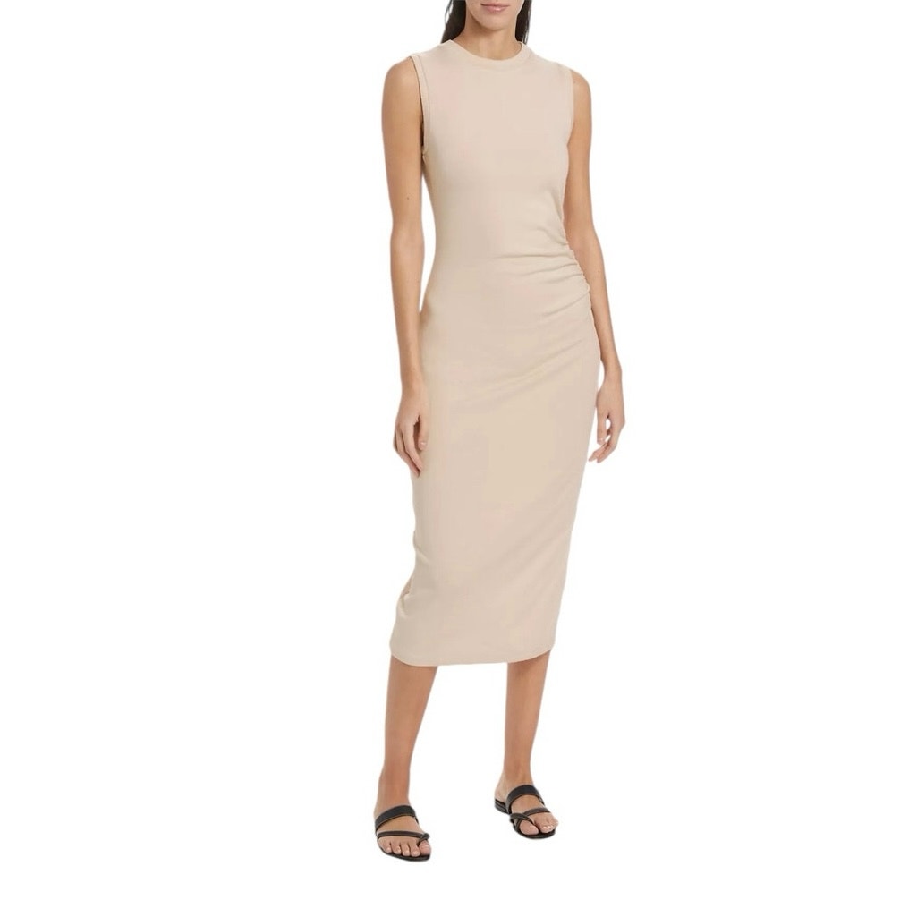 VINCE Women’s Stretch Jersey Ruched Sleeveless Midi-Dress in pale fawn-Size L