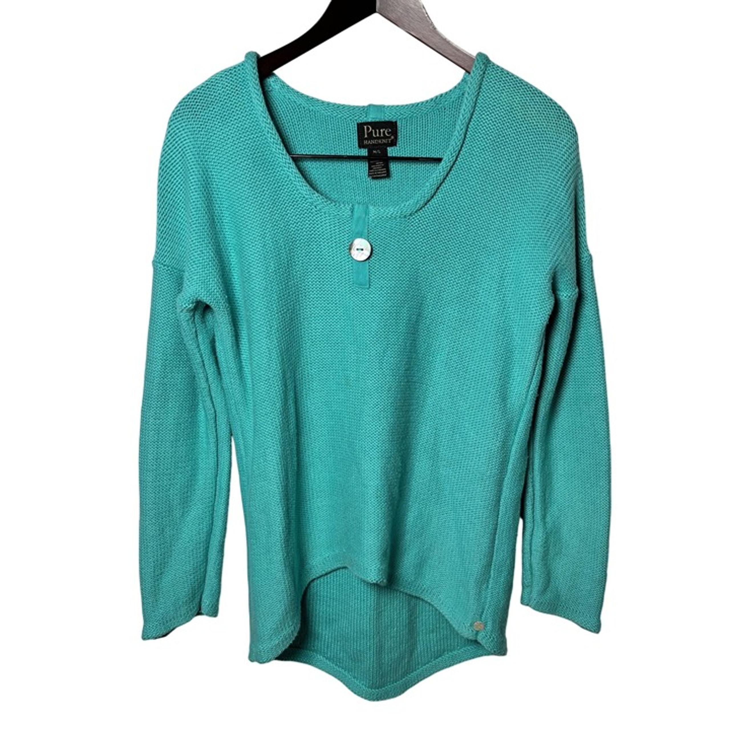 Pure Handknit Turquoise Long Sleeve Button Accent Sweater Womens M 100% Cotton