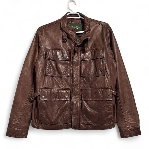 Eddie Bauer Mens Zip Up Soft Lamb Leather Jacket XL Brown Field Chore Utility