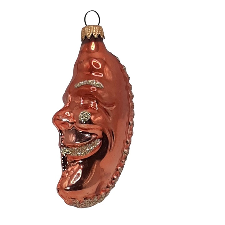 Christmas Ornament West Germany Glass Smiling Crescent Moon Orange Glittered 4