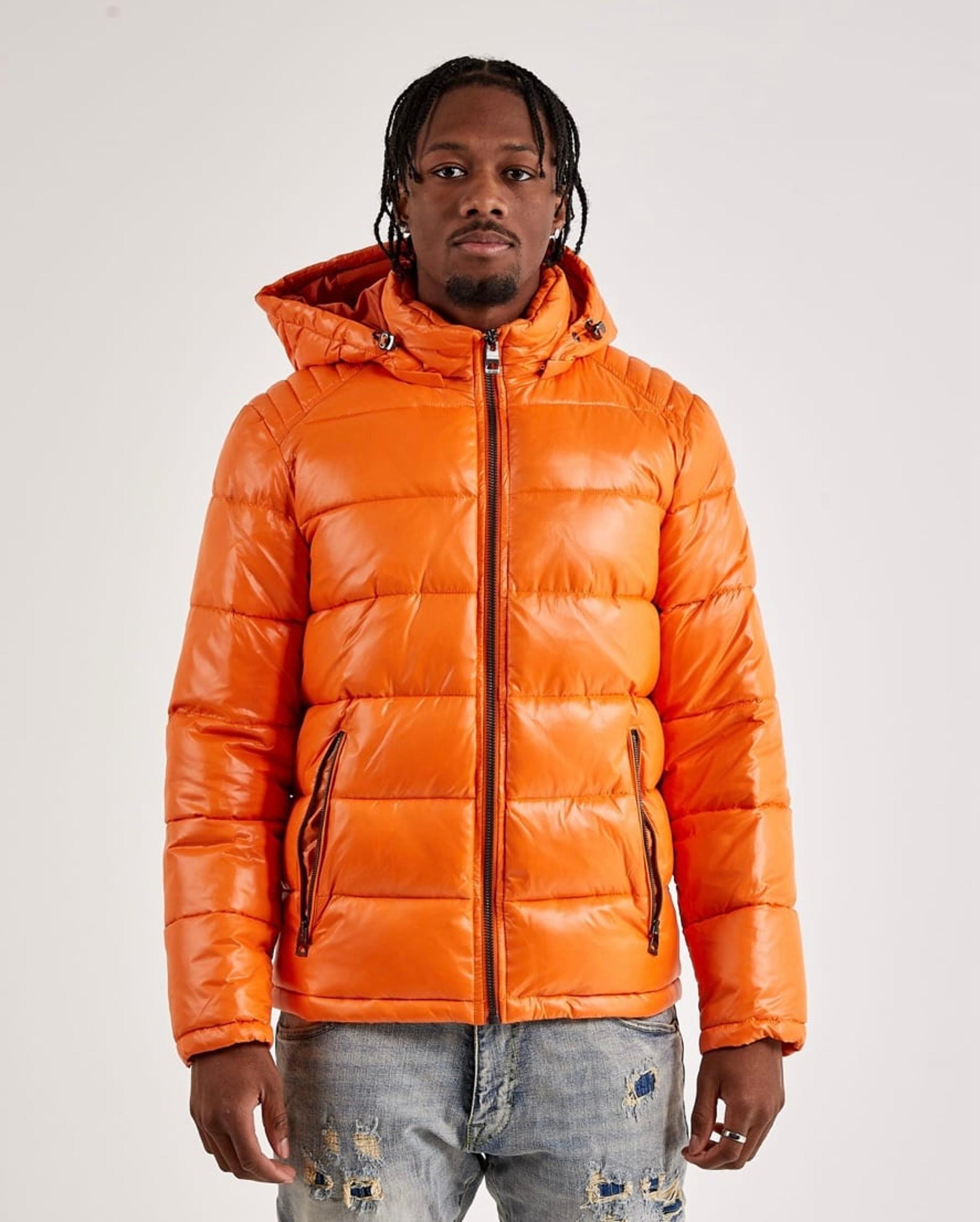 NWT Guess Premium Orange Puffer Jacket Hooded Full-Zip Front 119RN716 Men’s Sz.L