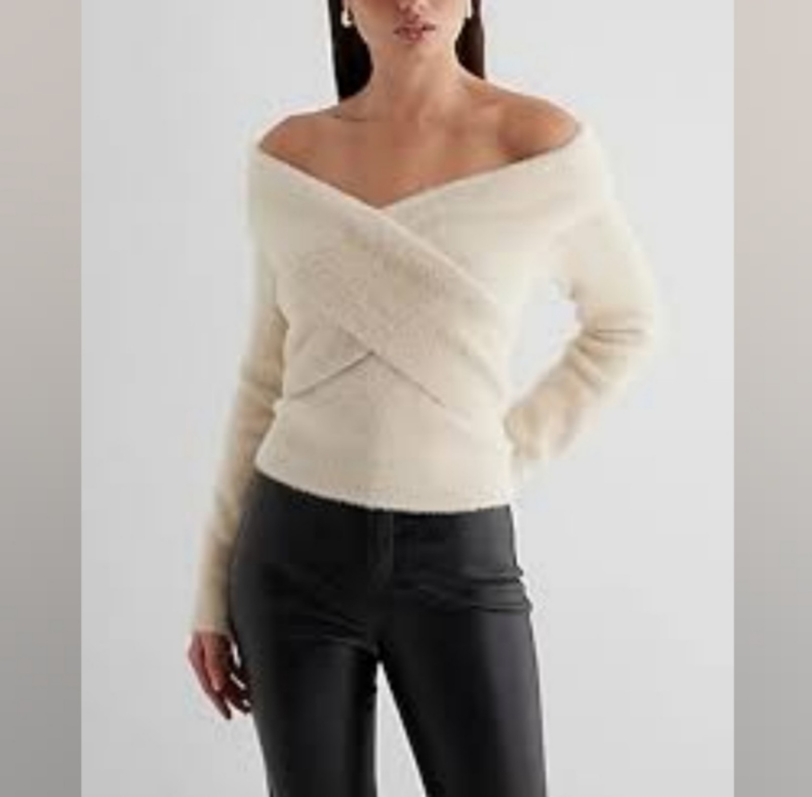Express faux fur off the shoulder surplice sweater