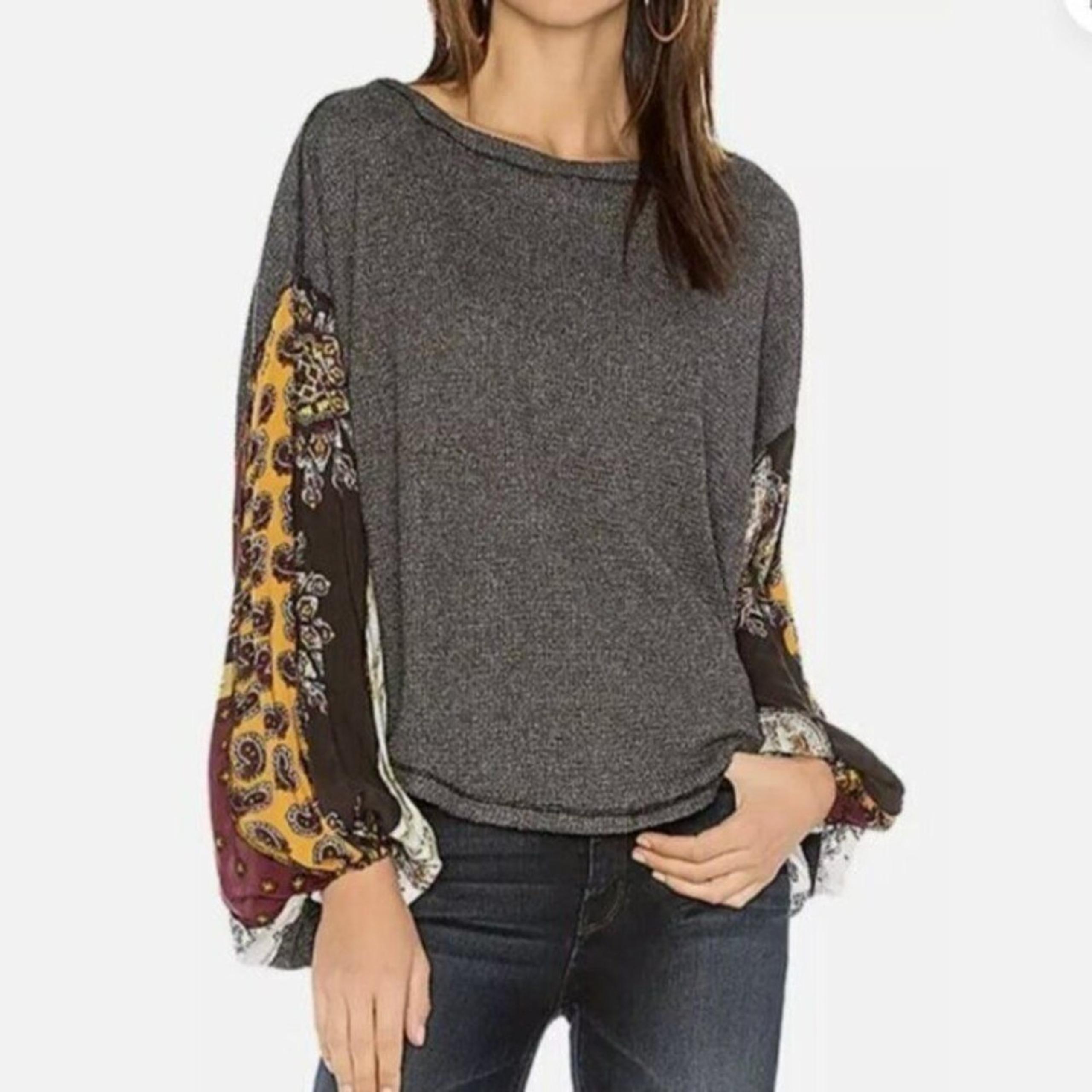 Free People We The Free Waffle Knit Patchwork Long Sleeve Top In Gray
