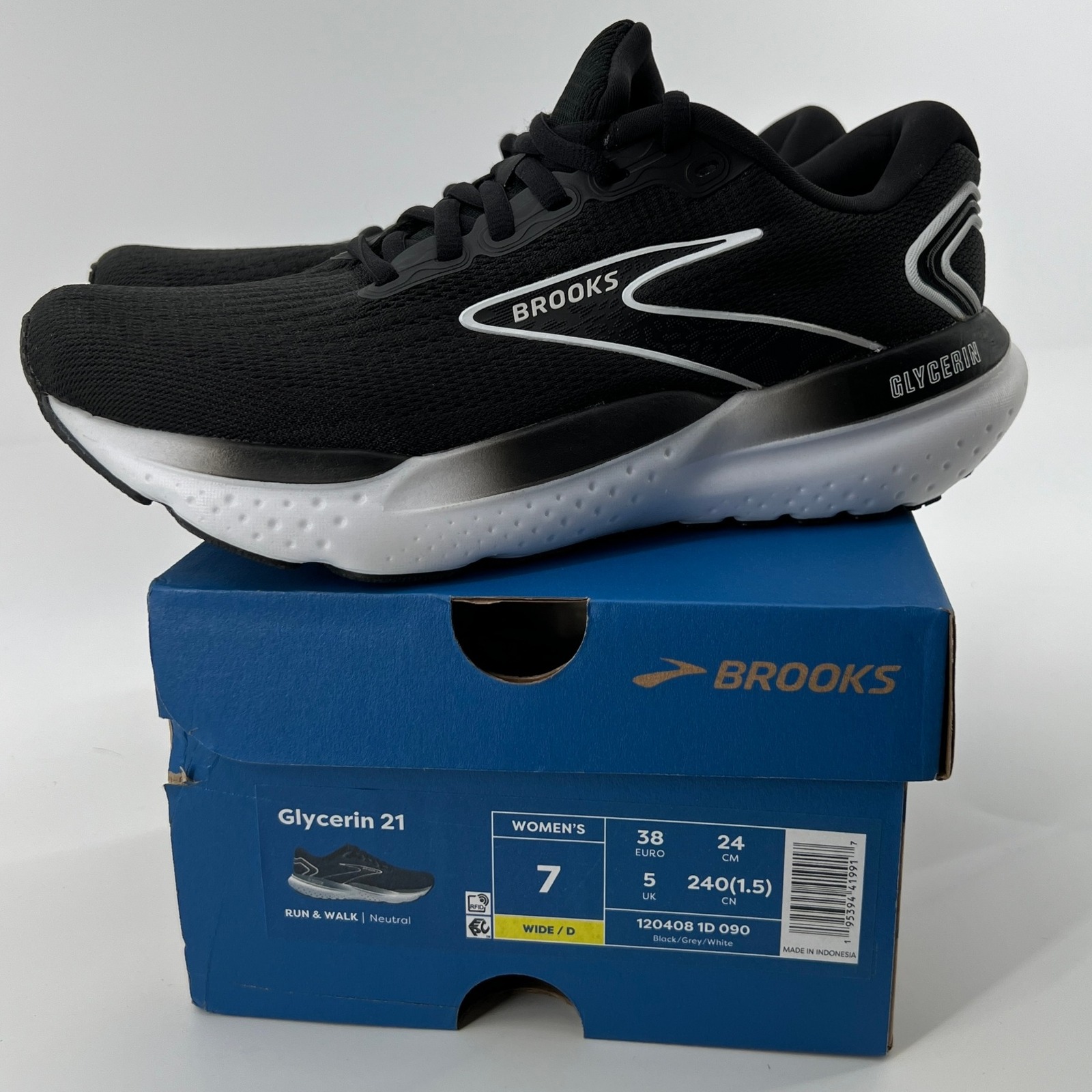 Brooks Women 7 WIDE Glycerin 21 Running Shoe Black Grey White Neutral Comfy NWB