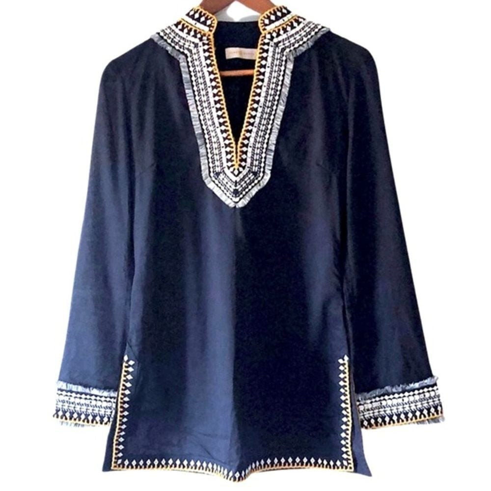 Tory Burch Embroidered Cotton Tunic top with Fringe in Navy White Gold 0