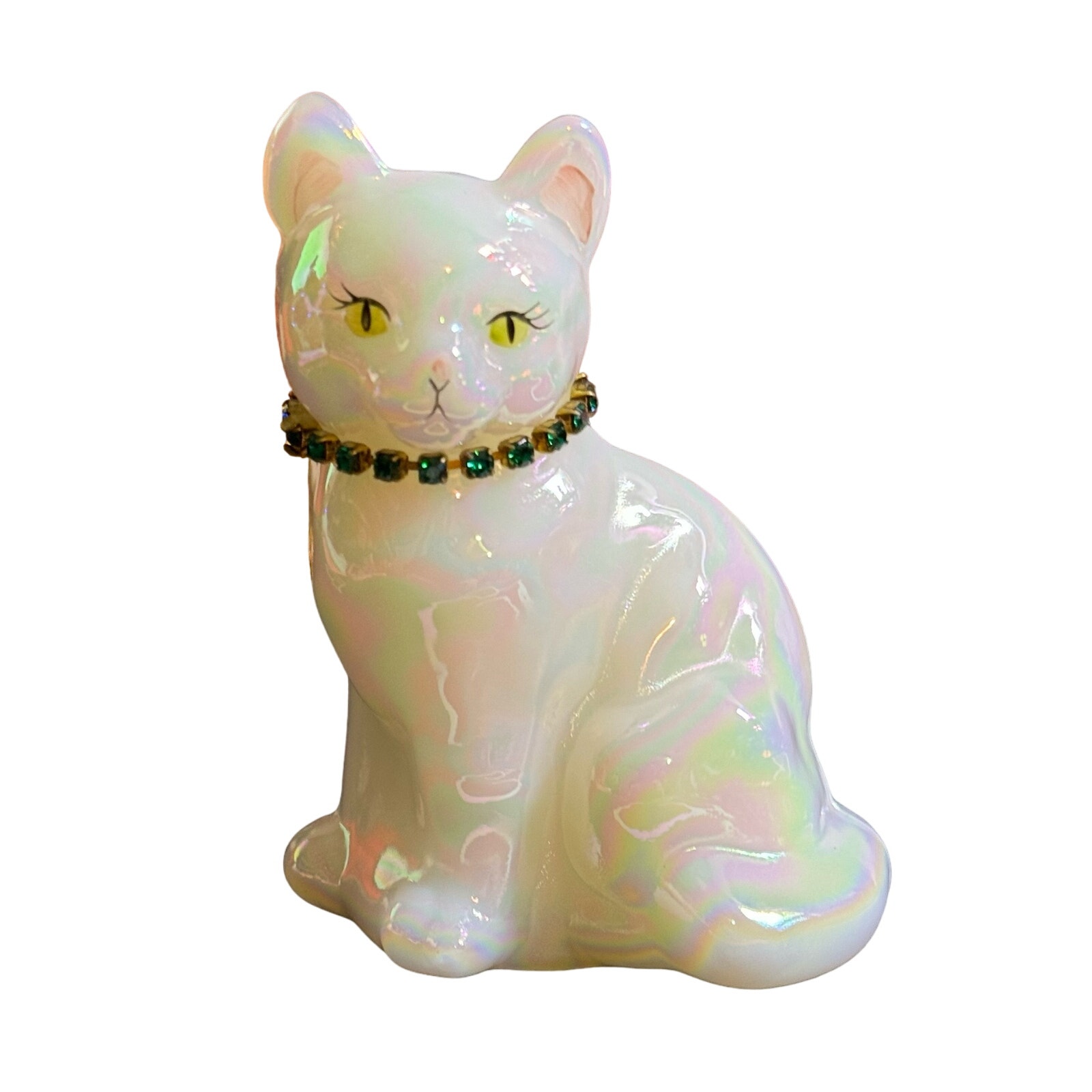 Vintage Hand Painted Fenton Glass Opalescent Birthstone Cat Emerald Signed EUC