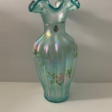 Fenton Ruffled Rim Large Iridescent Mist Green Vase