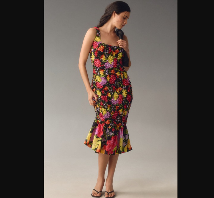 Anthropologie Yukiko Noritake Black Floral Square-Neck Pebble-Smocked Dress S/M