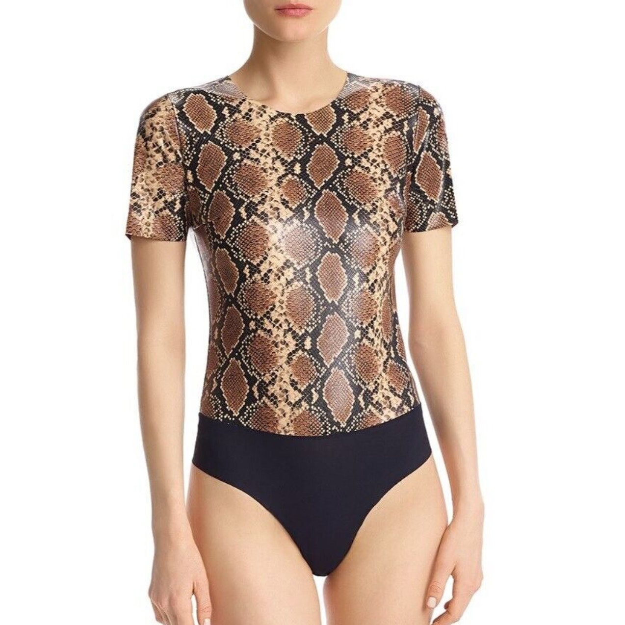 Commando Brown Snakeskin Faux Leather Tee Thong Bodysuit size Medium