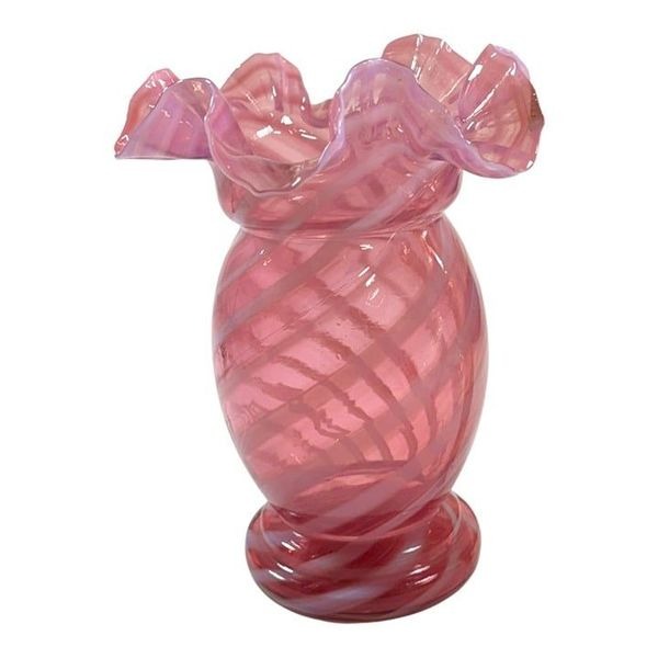 Vintage Fenton Pink Opalescent Swirled Art Glass Vase w/ Ruffled Edge 8 Floral