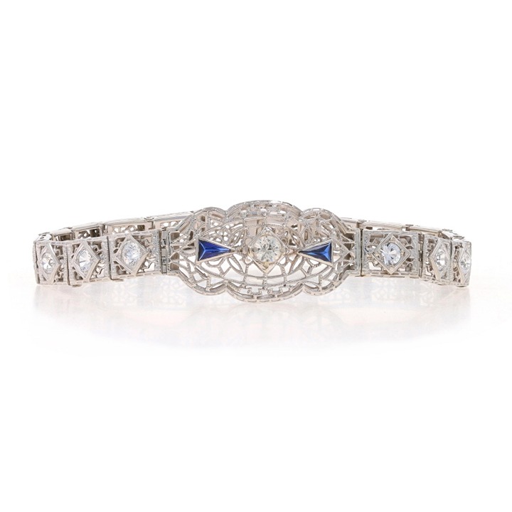 White Gold Quartz & Lab-Created Sapphire Art Deco Link Bracelet 7 - 14k Z9539