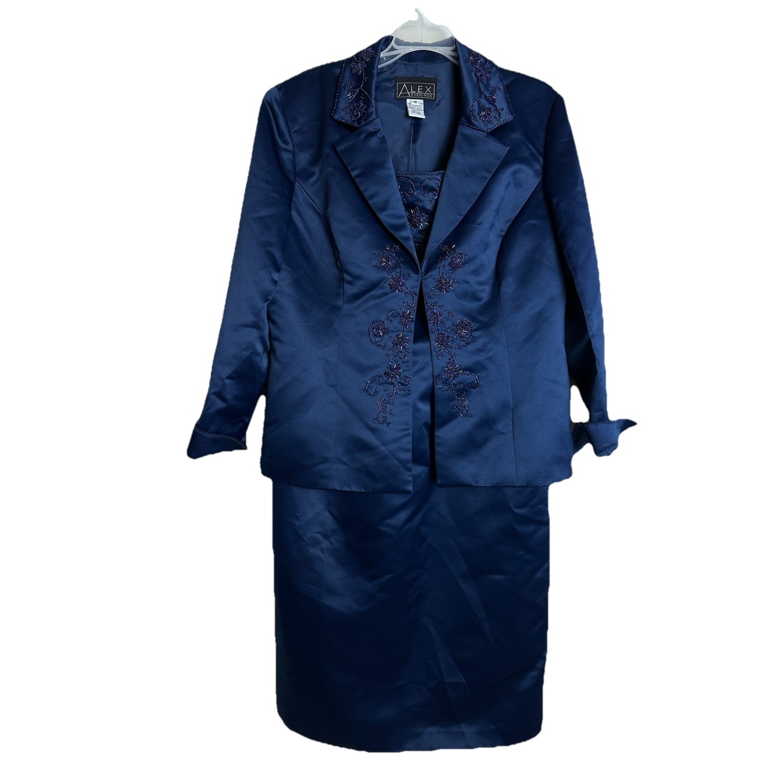 Alex Evenings Blue Satin Dress & Jacket Set Beaded Formal Occasion Dressy Sz 16