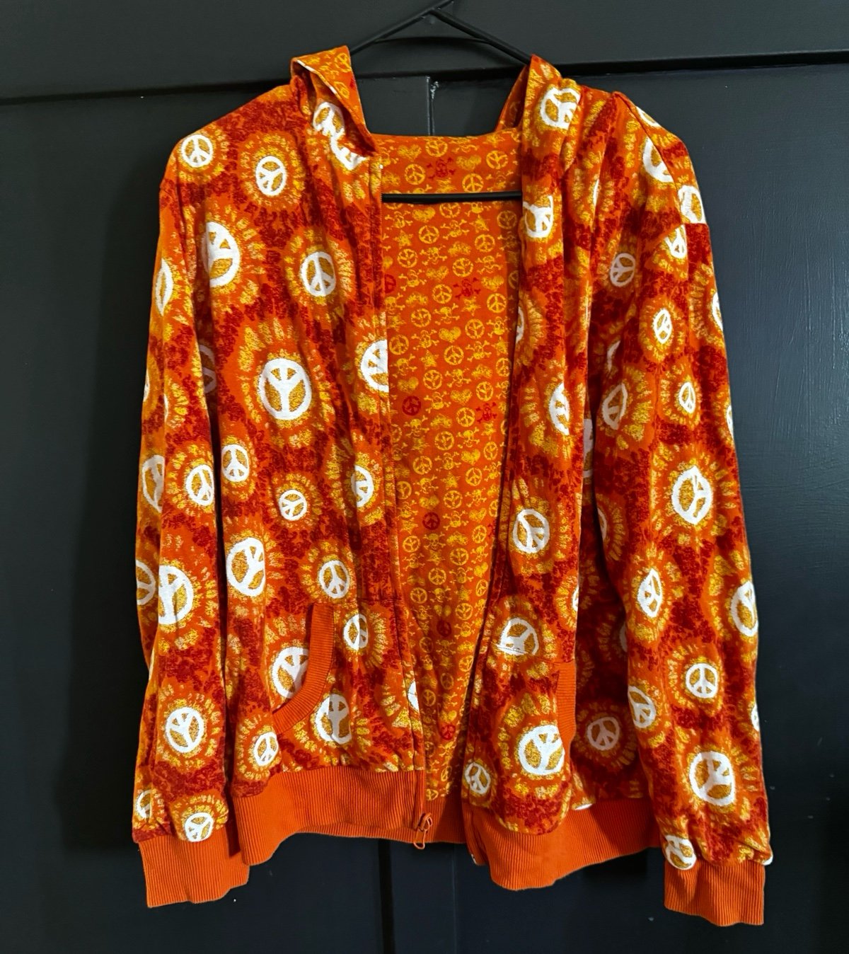 VINTAGE Y2K NO BOUNDARIES PEACE SIGN PRINT REVERSIBLE ZIP UP HOODIE ORANGE