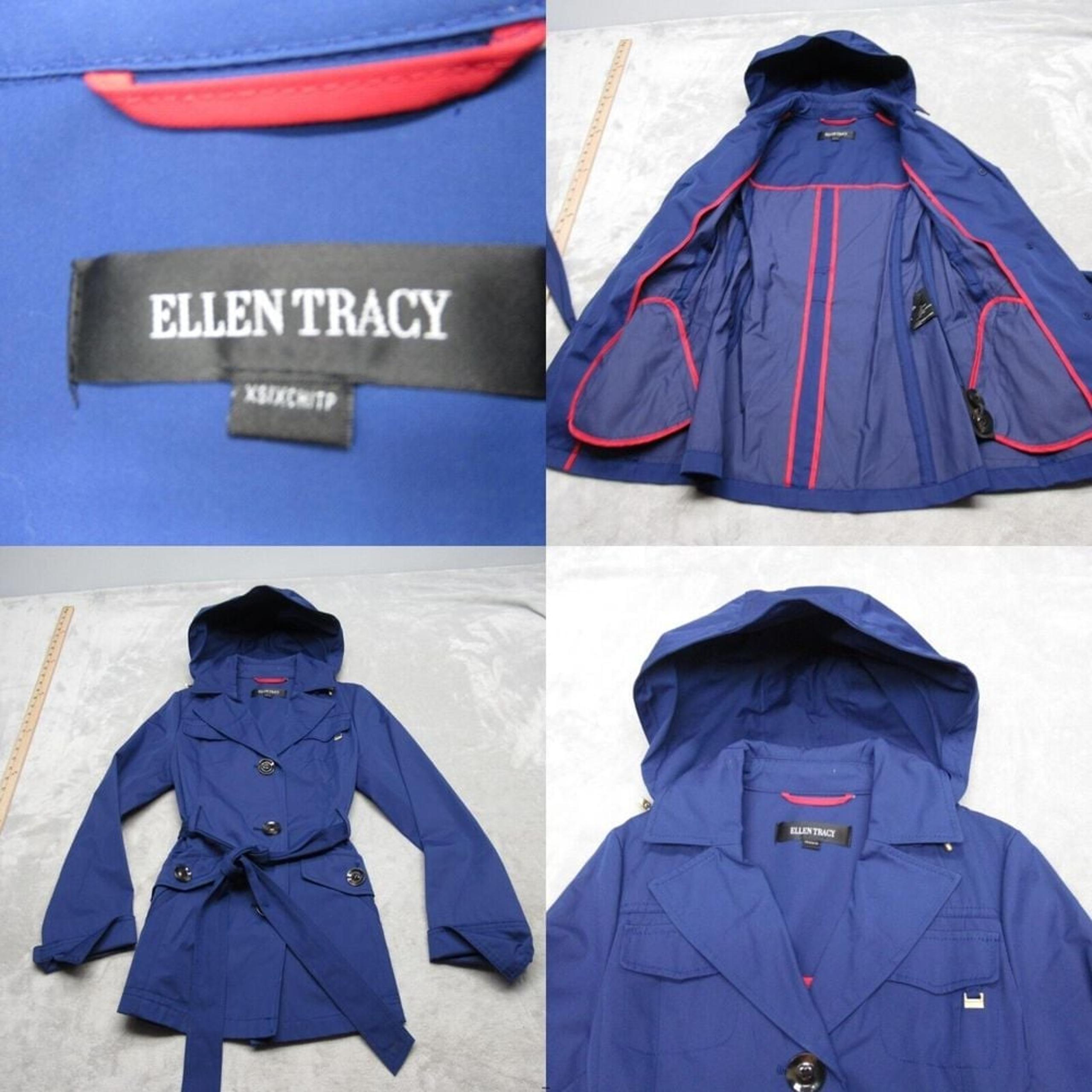 Ellen Tracy Jacket Womens XS Purple Hooded Button Front Belted Trench Coat Read*