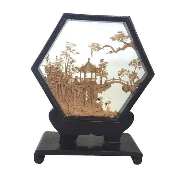 Vintage Chinese Carved Pagoda And Storks In Glass Sexagonal Case On Stand