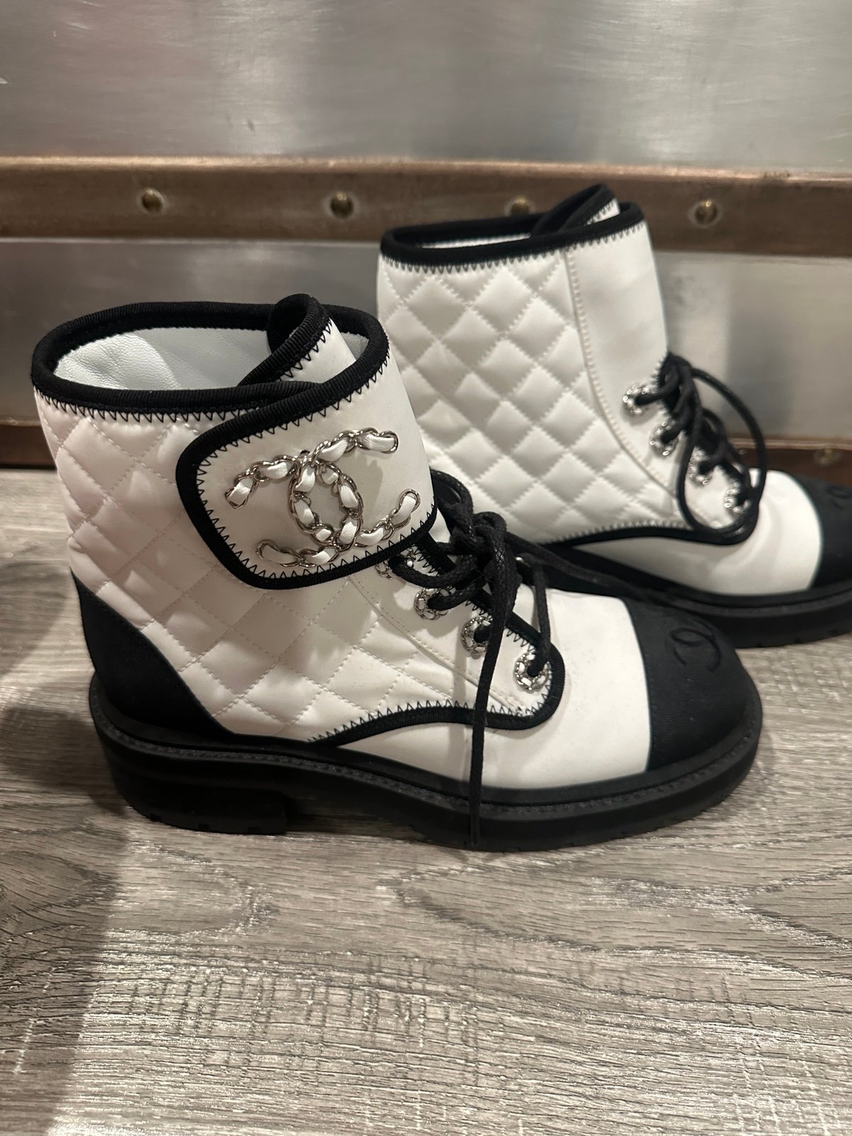 Chanel white cloth combat boots size 36