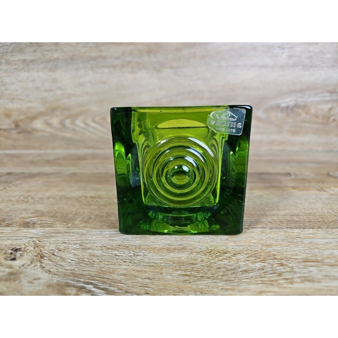 Viking Glass Bullseye pattern 3 1/2 Square Green Candle Holder Original Label