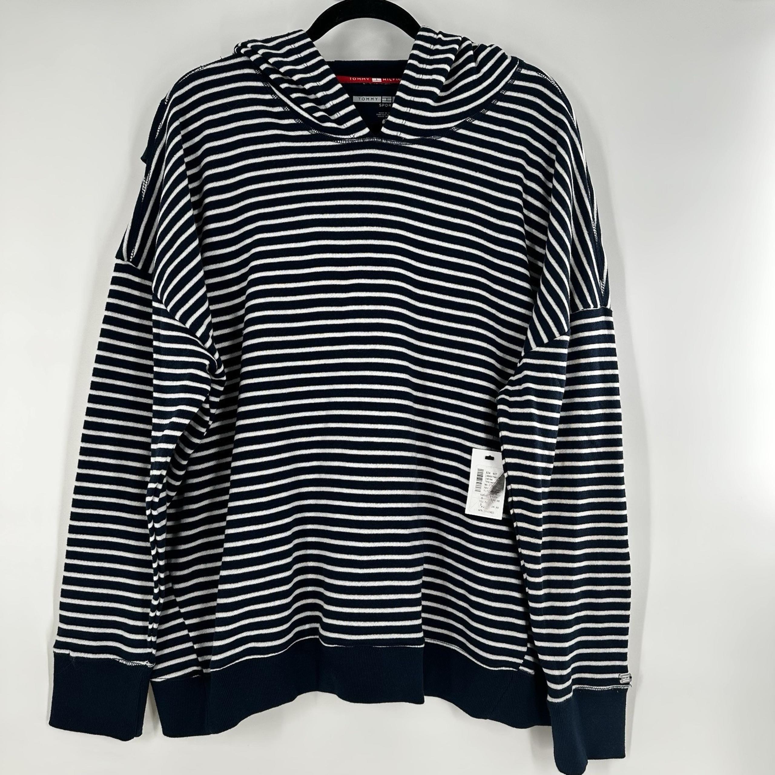 Tommy Hilfiger Sport Women's Blue White Striped XL Hoodie Roll Sleeve NWT!
