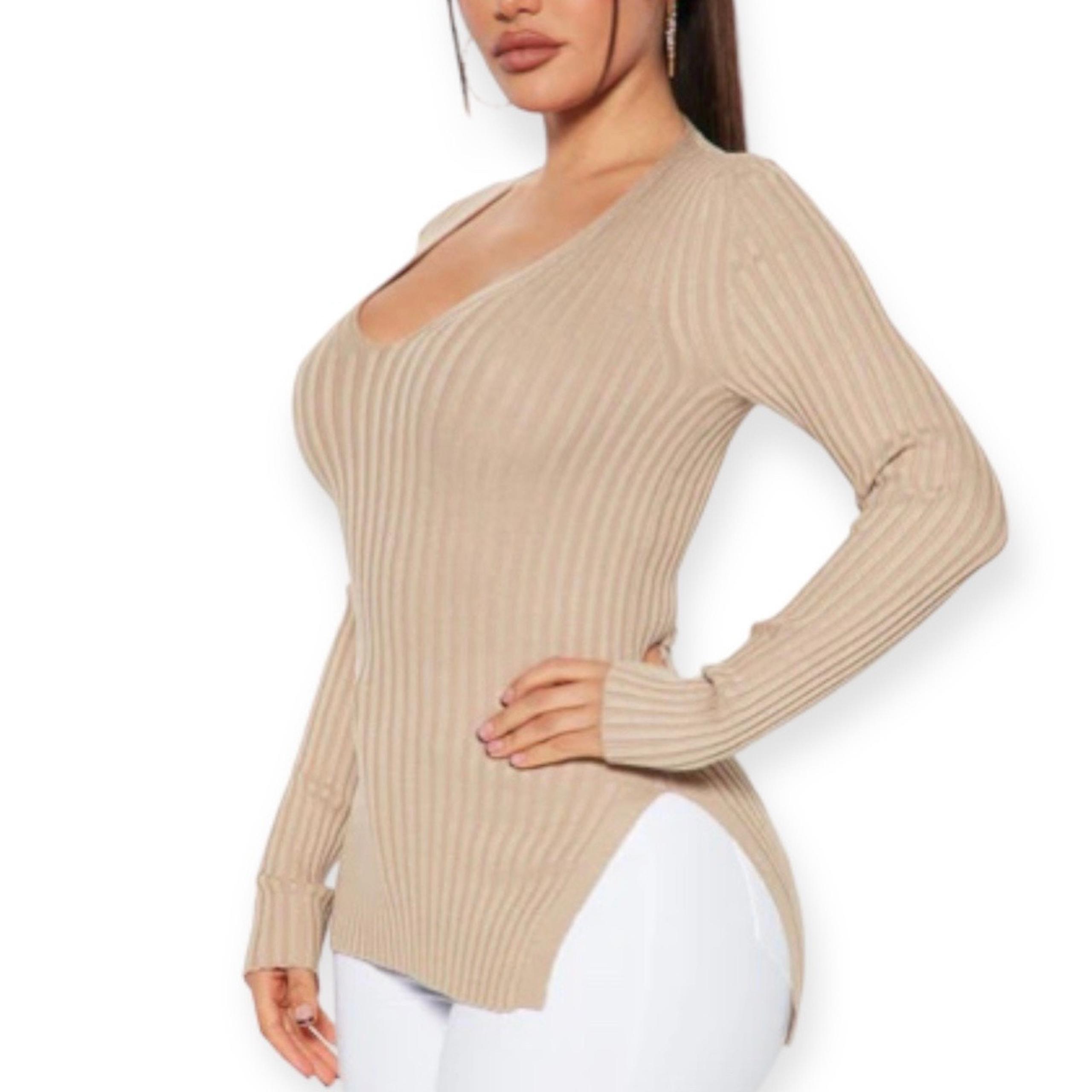 Fashion Nova Sweater Women’s Small Oatmeal Off To the Cabin Ribbed Knit VNeck