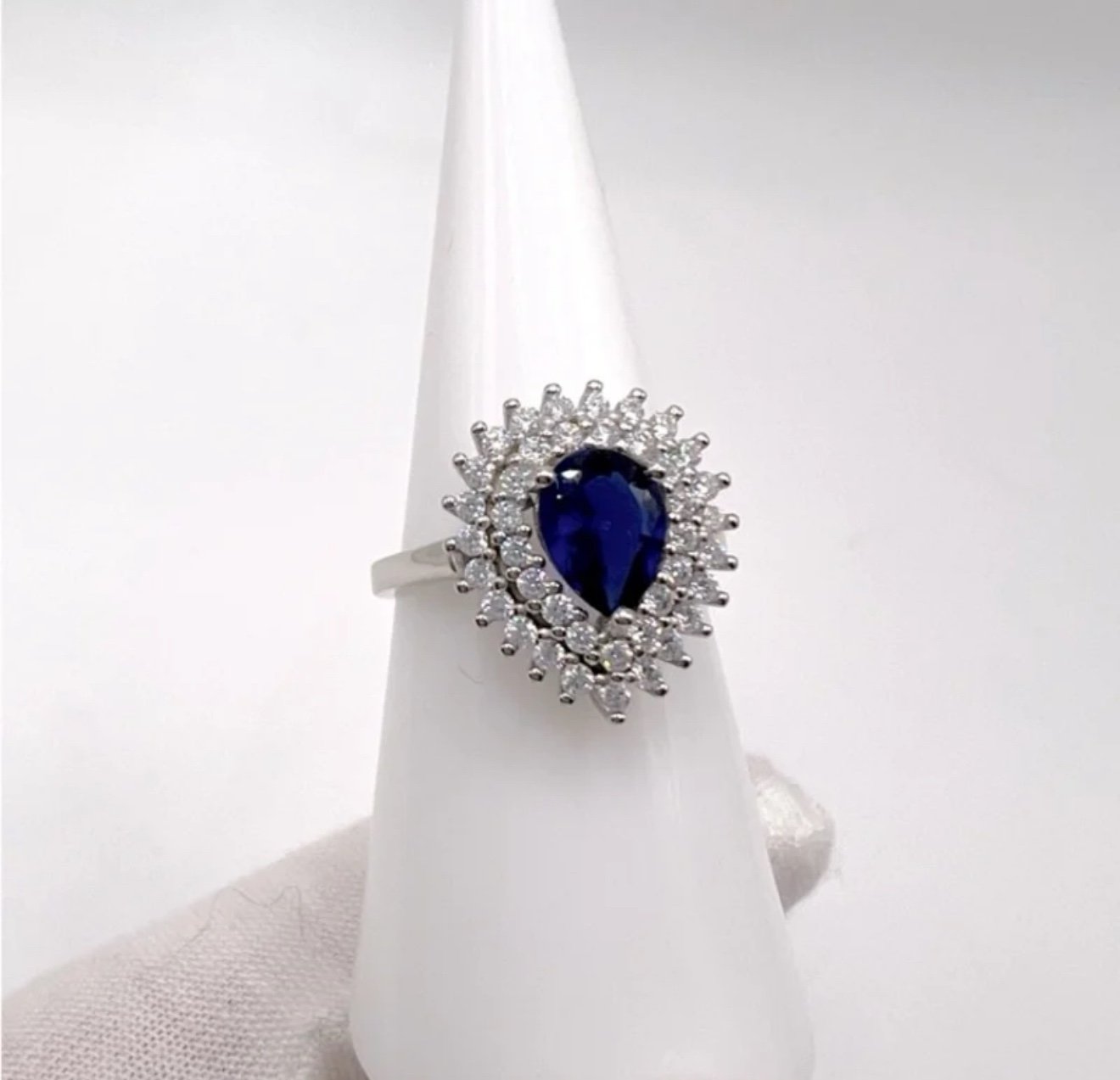 .925 Sterling Silver Simulated Blue Sapphire Cz and Clear Cz Teardrop Ring