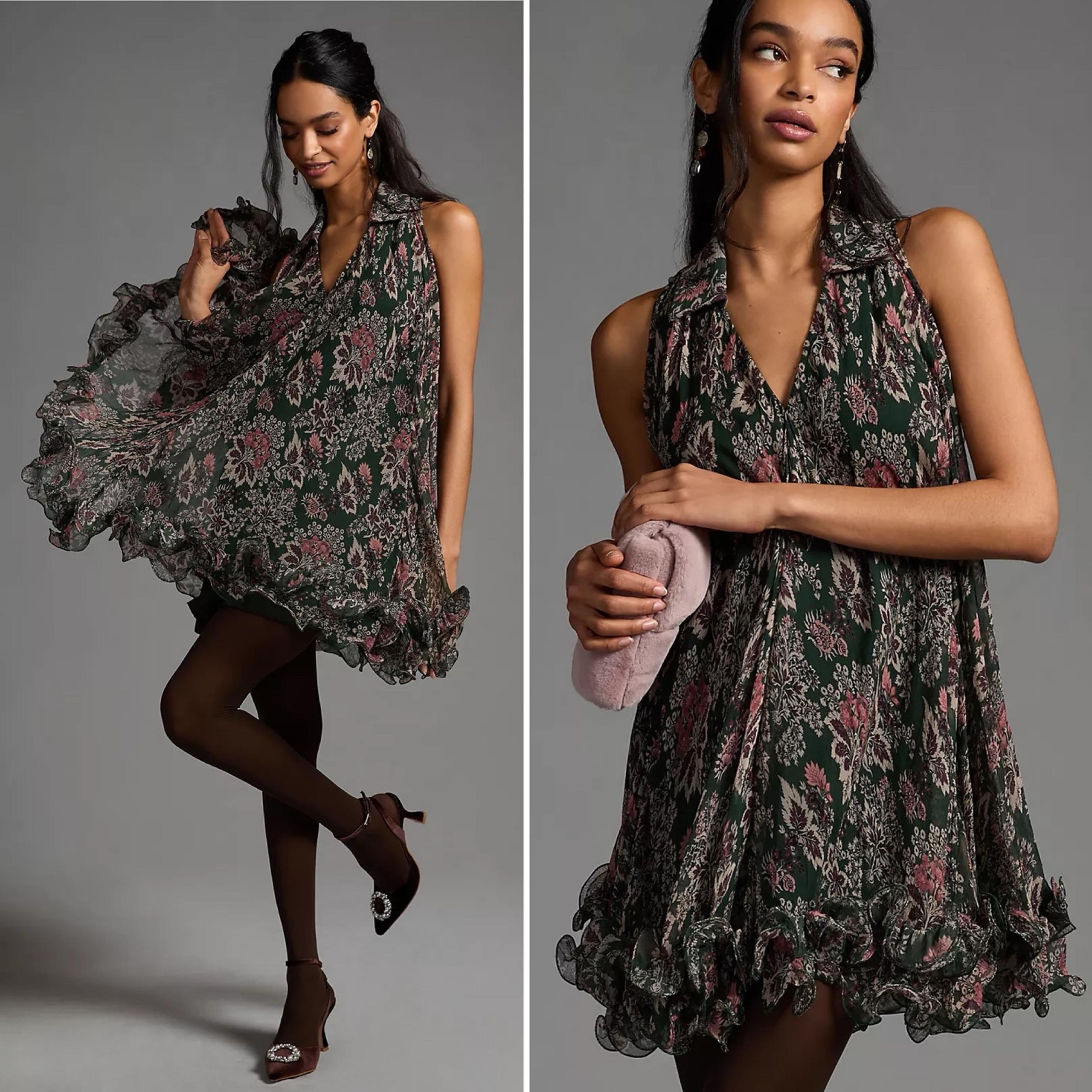 Anthropologie Let Me Be V Neck Swing Dress Medium green floral ruffled frilly