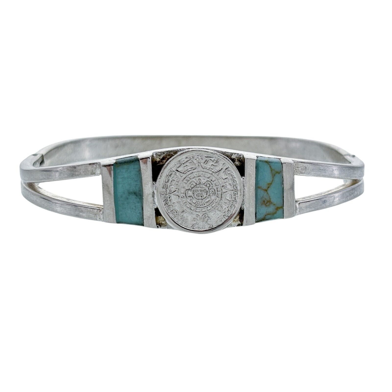 Vintage Sterling Silver 925 Aztec Calendar Magnesite Inlay Bracelet 6.5