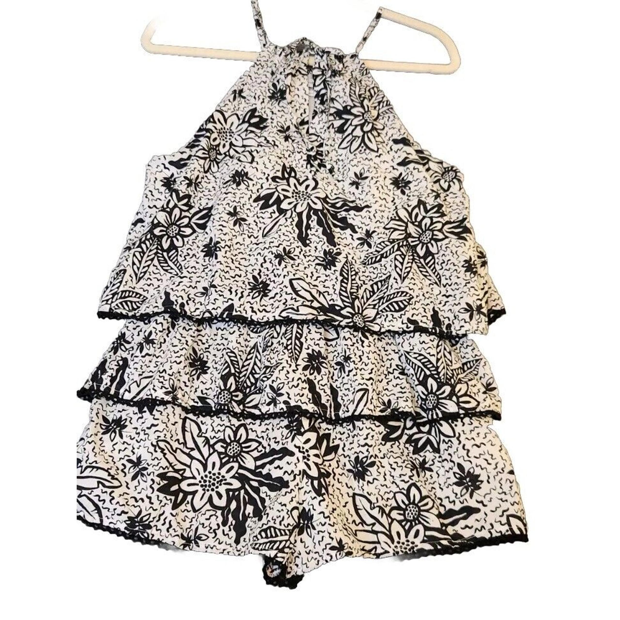 Urban Outfitters Sz M Women Black White Floral Tiered Halter Neck Romper Mini