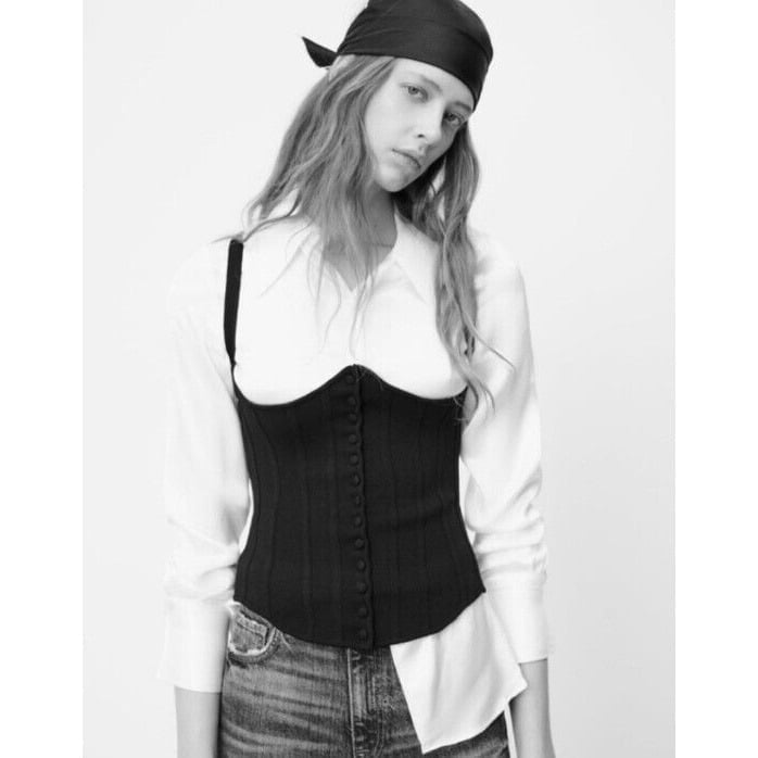 ZARA BLACK CROSS BACK KNIT CORSET TOP BUTTON FRONT SIZE S