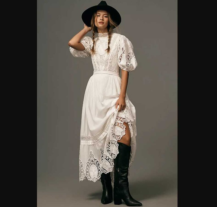 New S Petite Forever That Girl x Anthropologie mock-neck lace maxi dress white