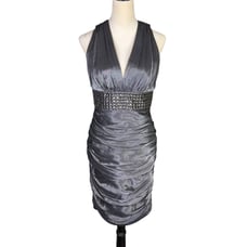 Carmen Marc Valvo Silk Blend Ruched Metallic Studded Pleated Party Sheath Dress