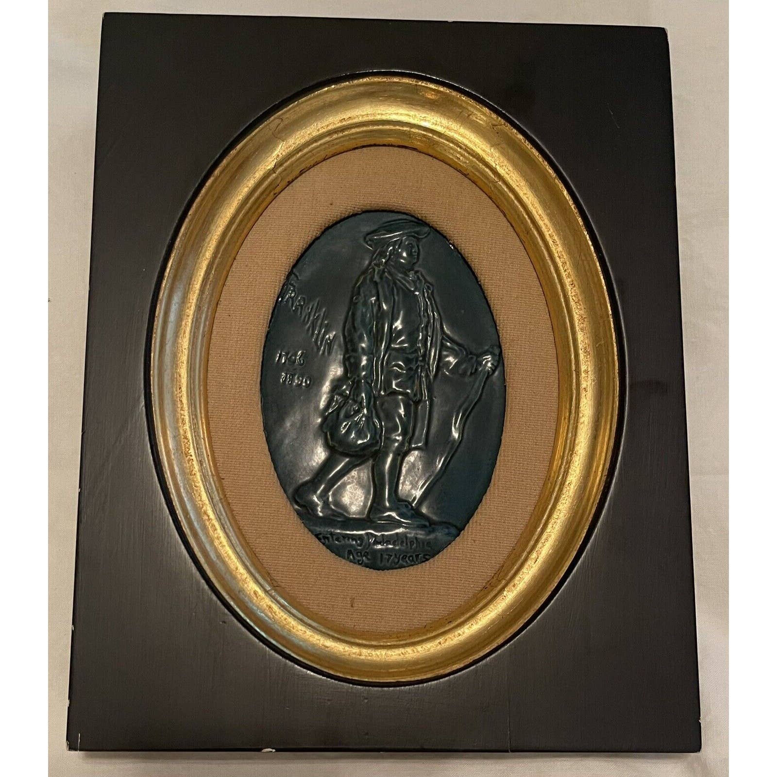 Ant. Framed Ben Franklin Ceramic Pottery Plaque Inventor Stateman Philadelphia
