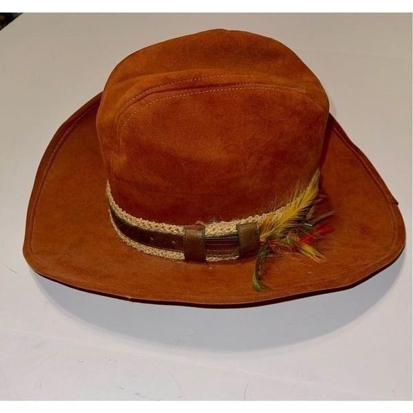 Vintage Cowboy Hat With Feathers Brown Size Small Made In USA