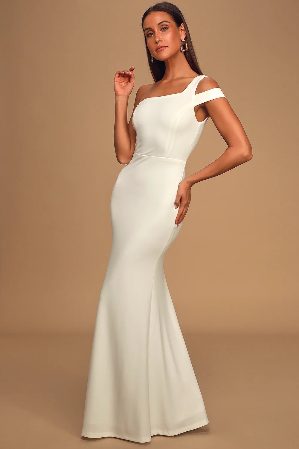 Lulus White One-Shoulder Mermaid Maxi Dress Wedding Formal Gown Prom Homecoming