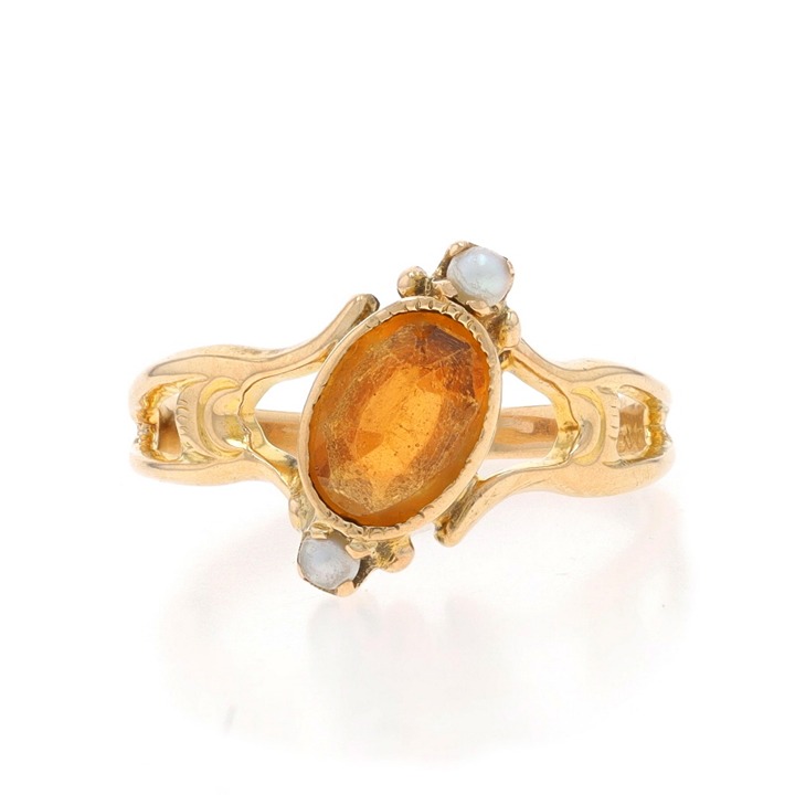 Yellow Gold Citrine & Cultured Seed Pearl Edwardian Ring 10k Oval .71ct LX4246