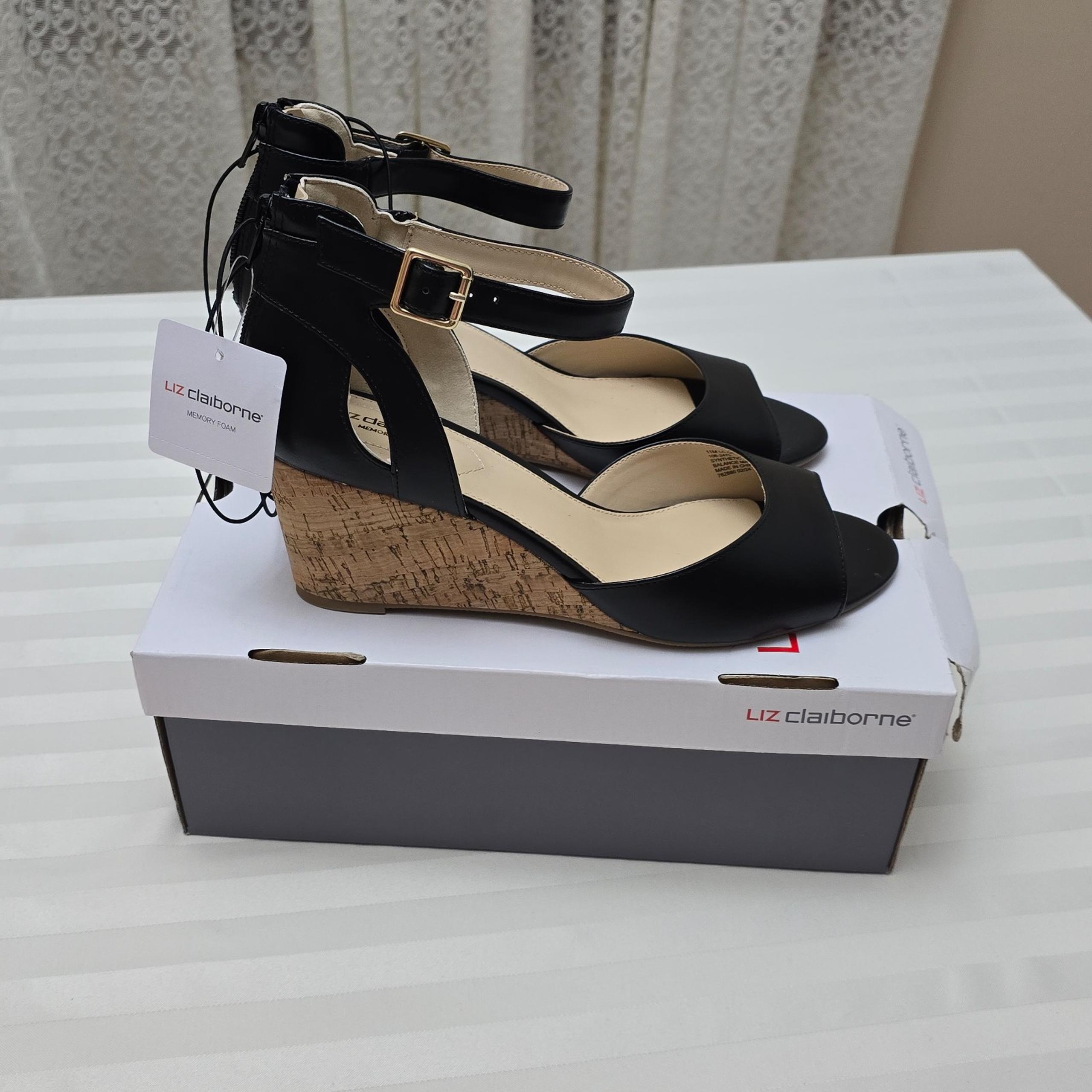 New Liz Claiborne Black Wedge Heel Sandals 11 Wedges Ankle Buckle Back Zip Shoes