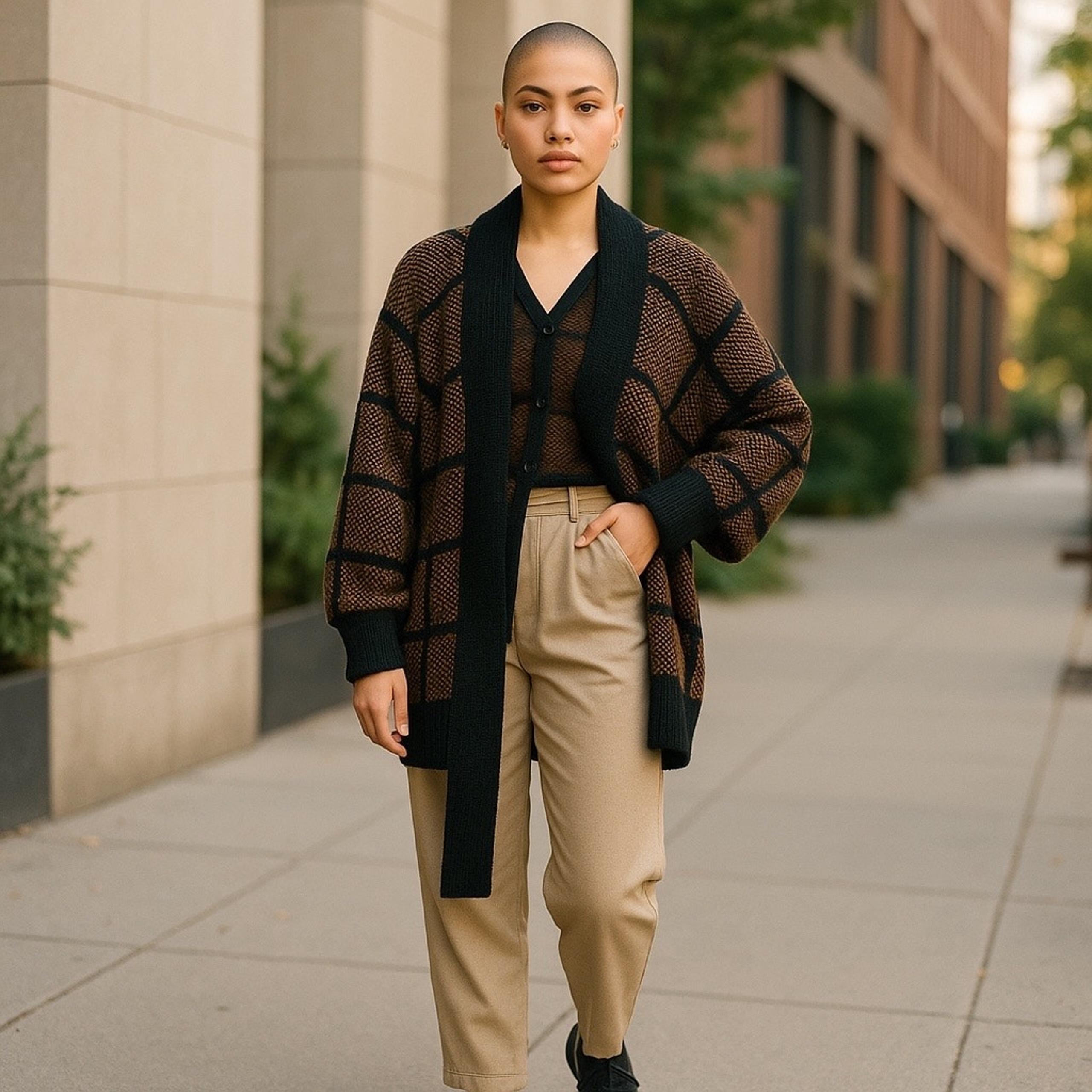 Women’s Vintage Hand Knit Long Cardigan Sweater Coat Medium Brown - Ellen Tracy