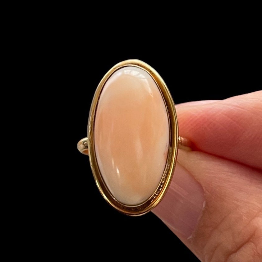 Natural angel skin coral solid 14K gold ring