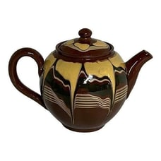 Vintage Redware Teapot Made Bulgaria Flower Fading Brown Yellow Drip Glaze READ