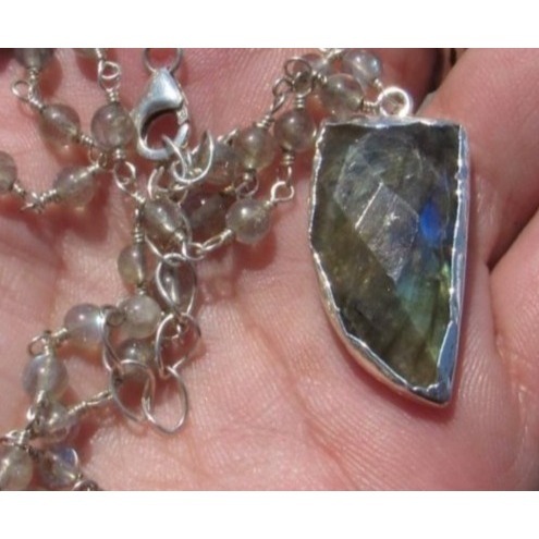 925 Sterling Silver adjustable Labradorite beaded Pendant Necklace