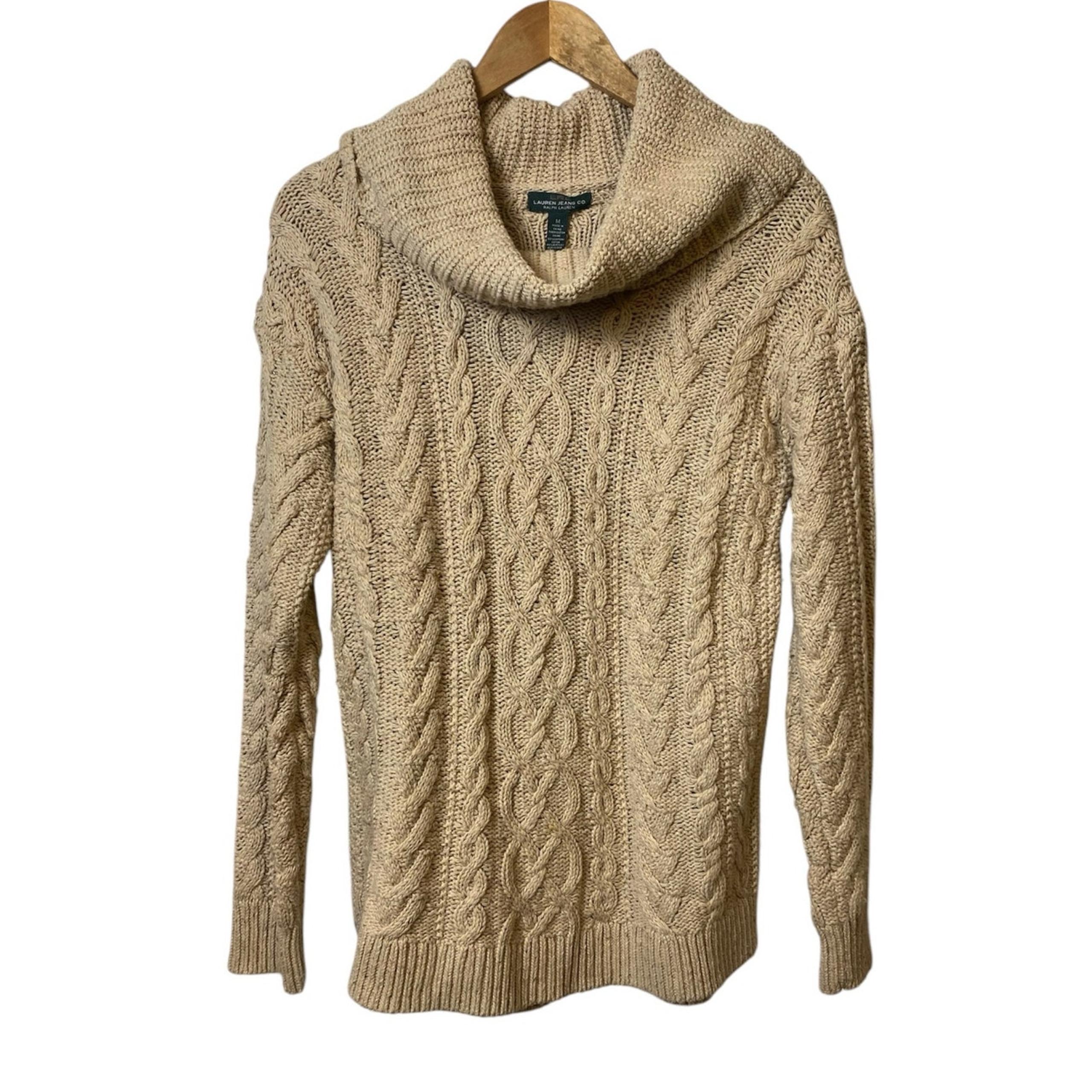 LRL Lauren Jeans Oatmeal Speckled Cable Knit Cowl Fisherman Sweater Medium