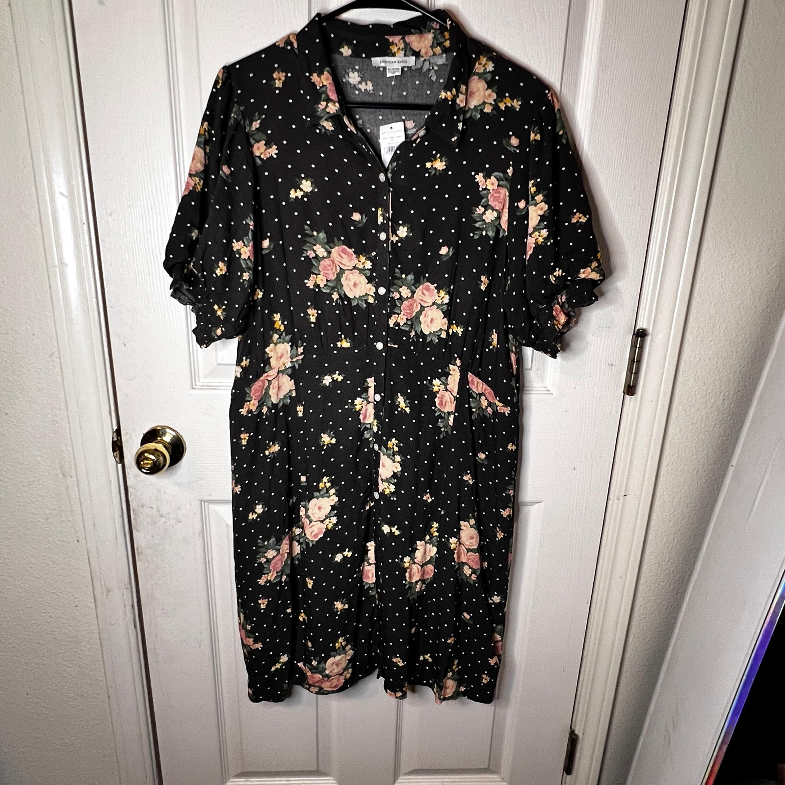 NWT American Eagle Polka Dot Floral Puff Sleeve Button Front Shirt Dress Size XL