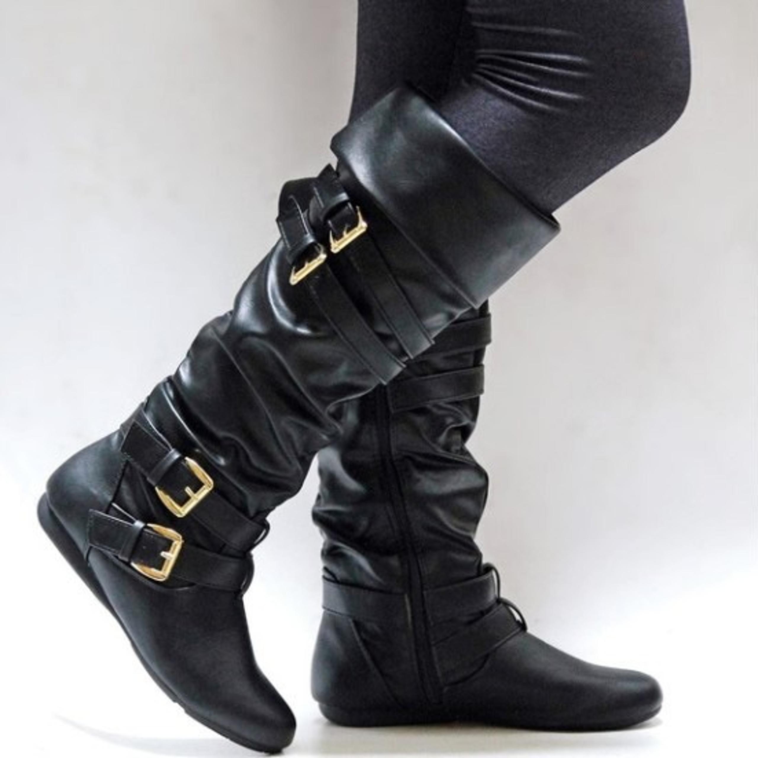 New Black Buckle Slouchy Knee High Riding Boots Size 7