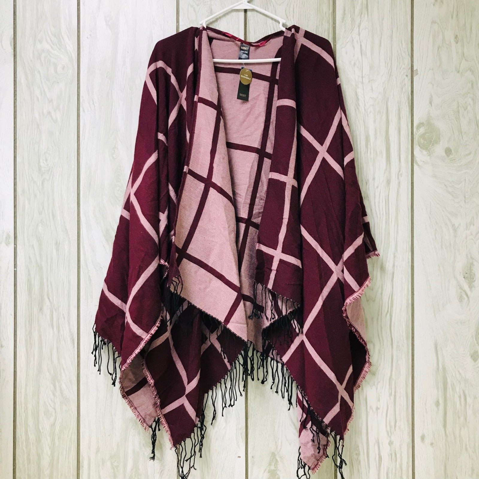 Mixit Women Burgundy Windowpane Plaid Fringe Knit Reversible Pashmina Shawl Wrap