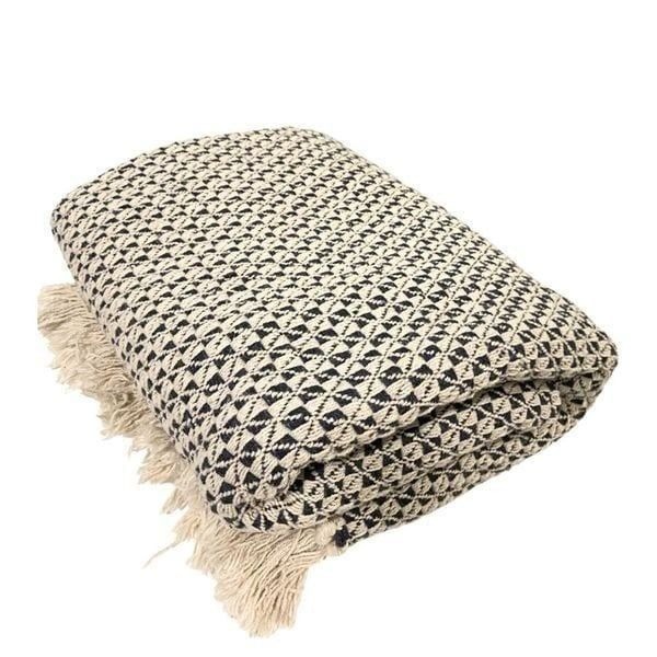 Boho Patterned Throw Blanket with Fringe in Blue and White