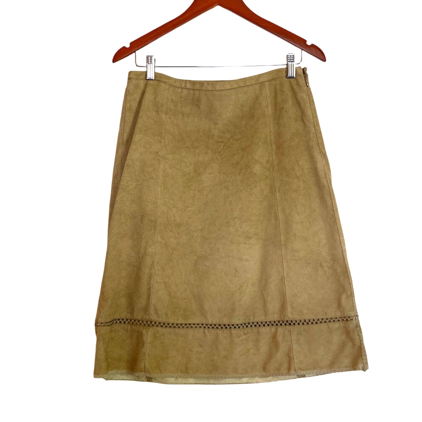 Vintage Ann Taylor Loft Suede Leather A-Line Midi Skirt Size 8 Tan 90s Boho