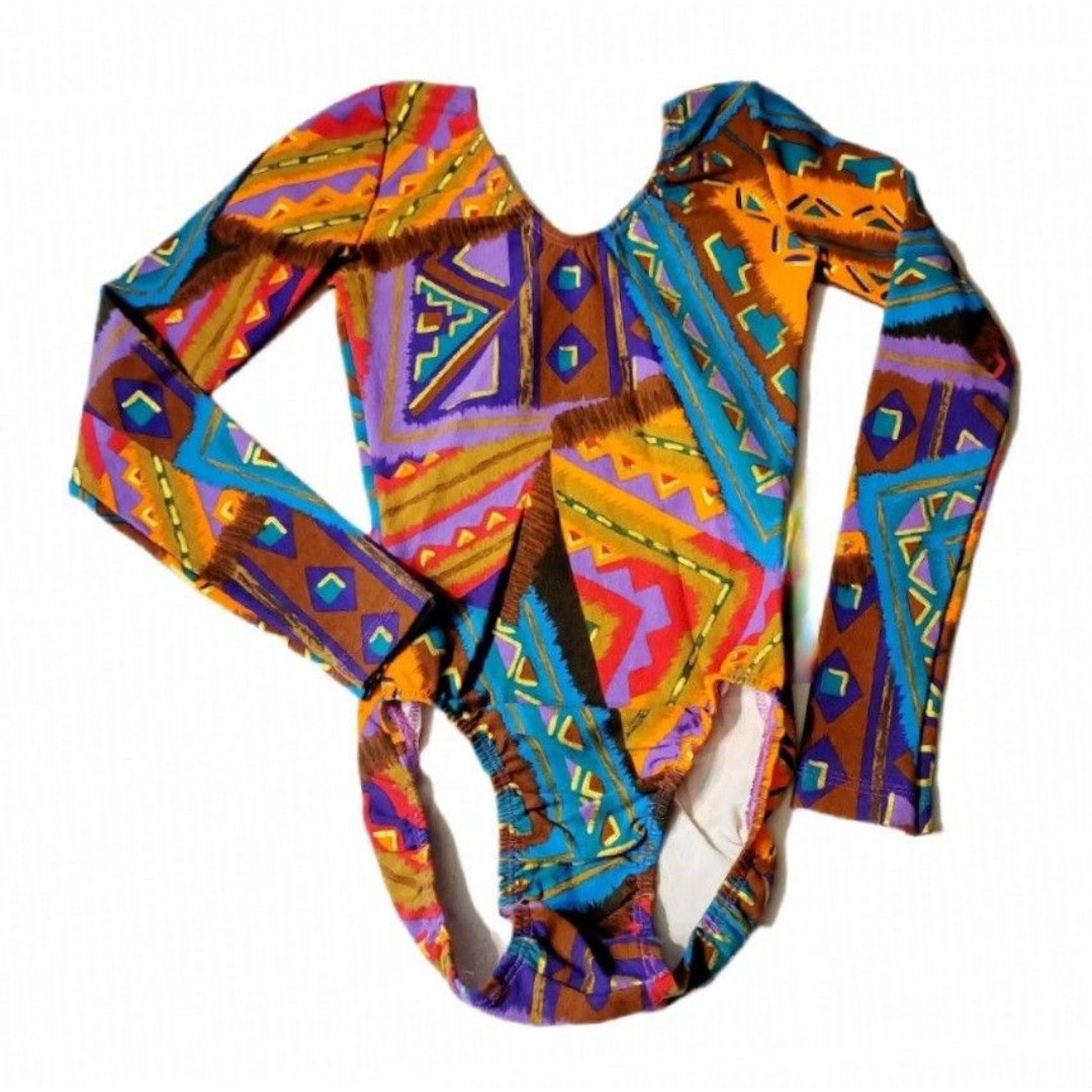 GK Elite VTG 90s Pop Culture Geometric LS Cotton Leotard Bodysuit AXS Adult XS