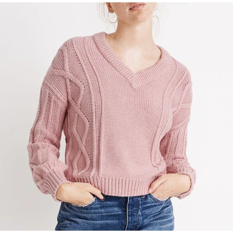Madewell Pink Augustus Cable Knit V-Neck Sweater 100% Cotton, Size XS
