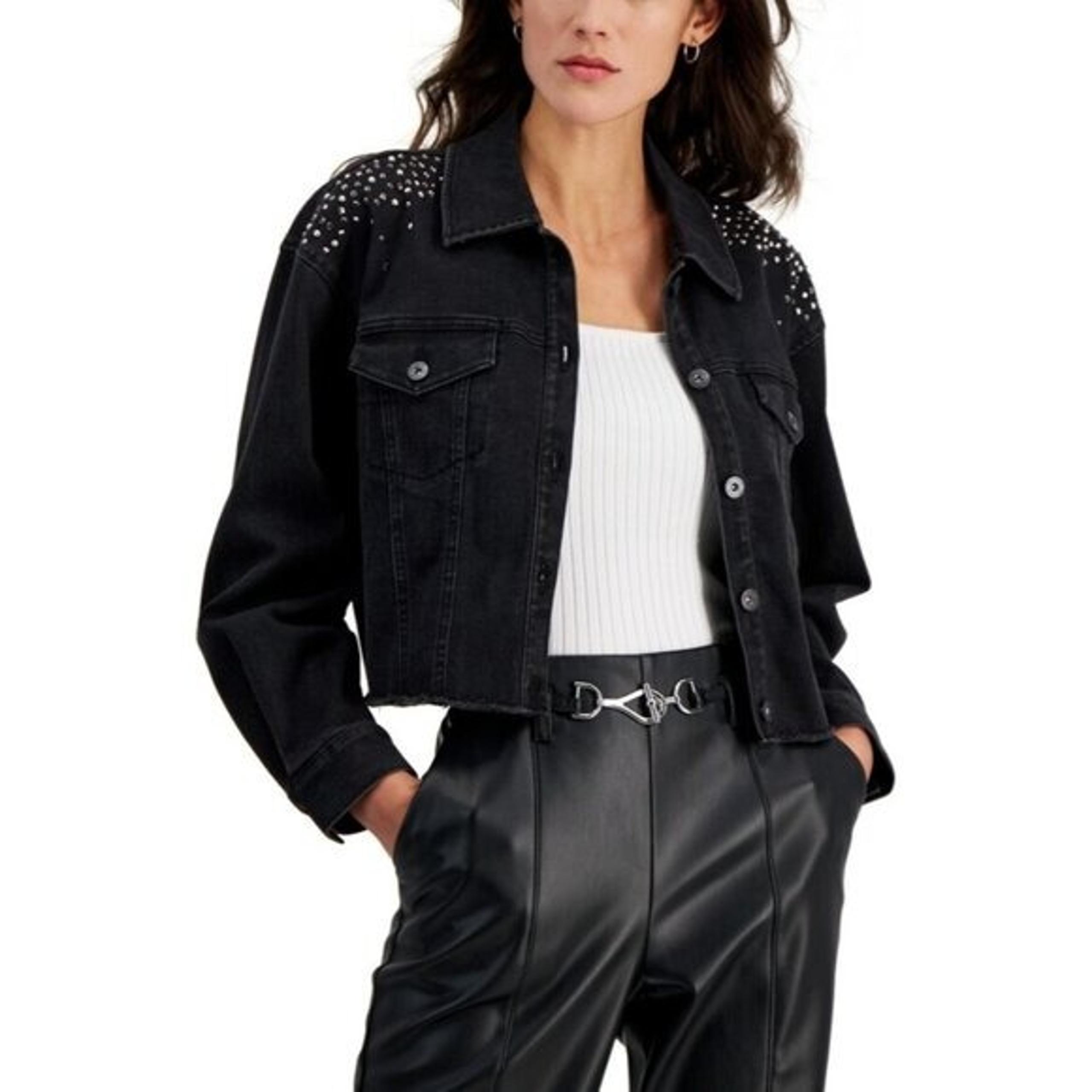 INC International Concepts Womens Medium Embellished Denim Trucker Jacket $119