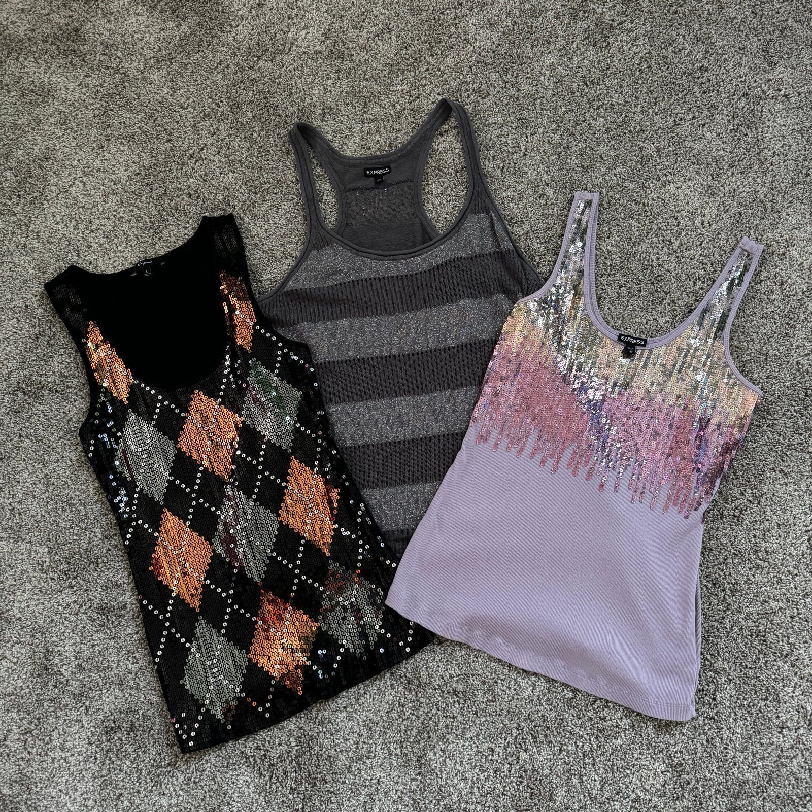 3 EXPRESS Sequin Sparkle Shiny Glitter Tank Tops Women’s Size Large Bundle Lot